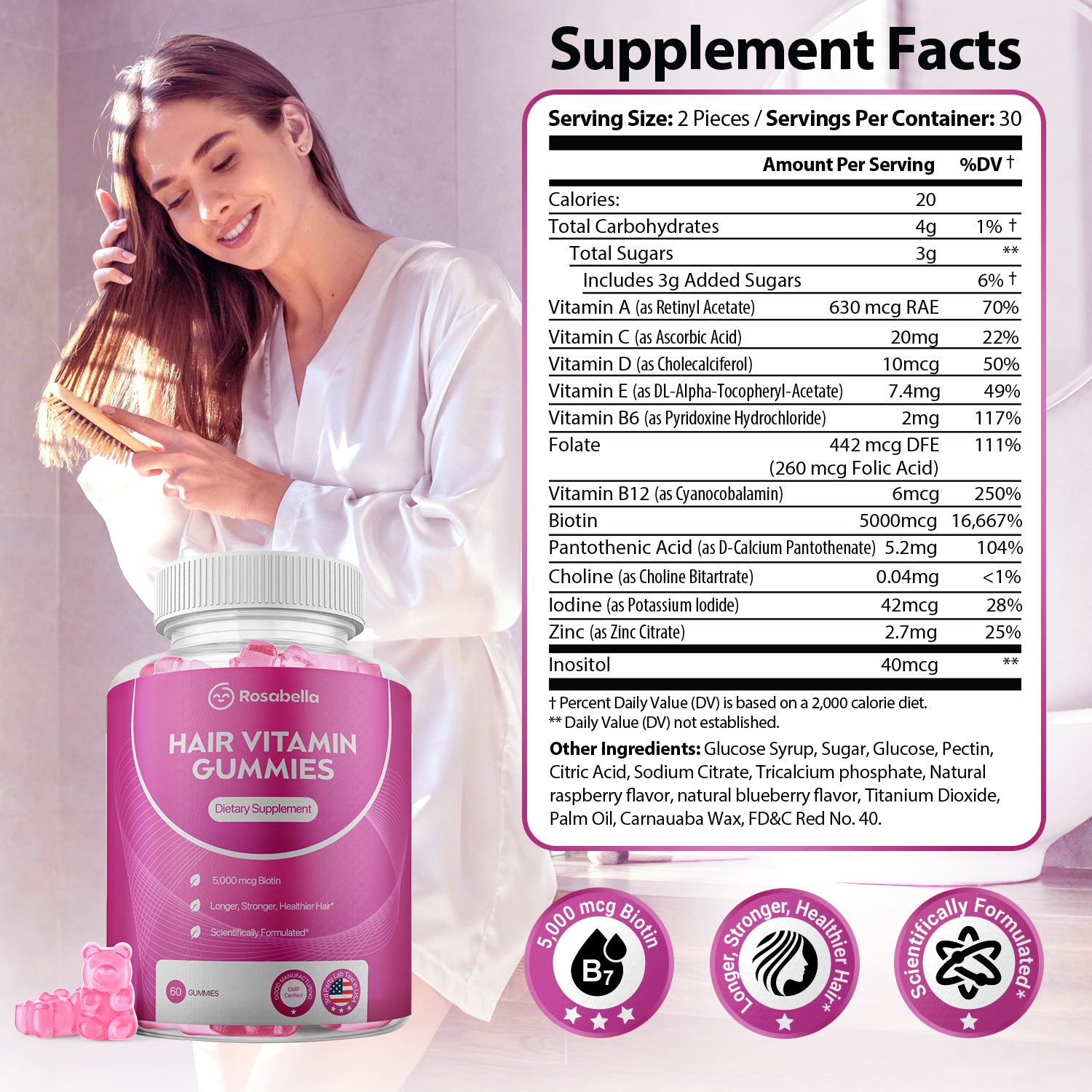 Rosabella Biotin Gummies (5000mg) for Hair, Skin & Nails Growth BOGO+