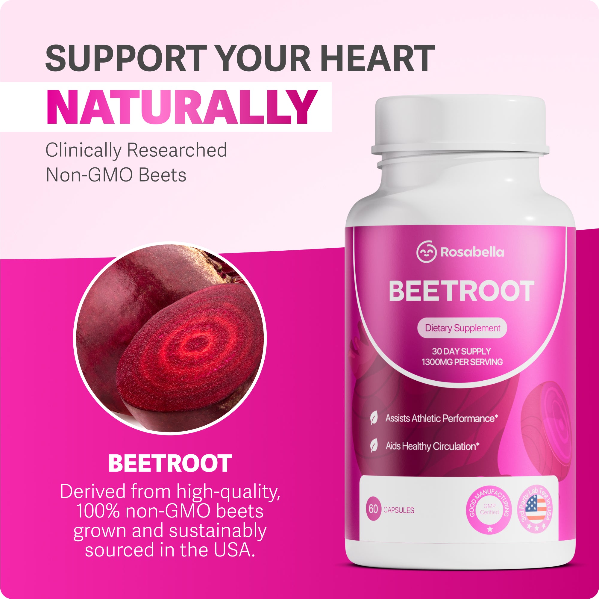 Rosabella Organic Beetroot Capsules (1300mg) for Blood Flow & Heart He