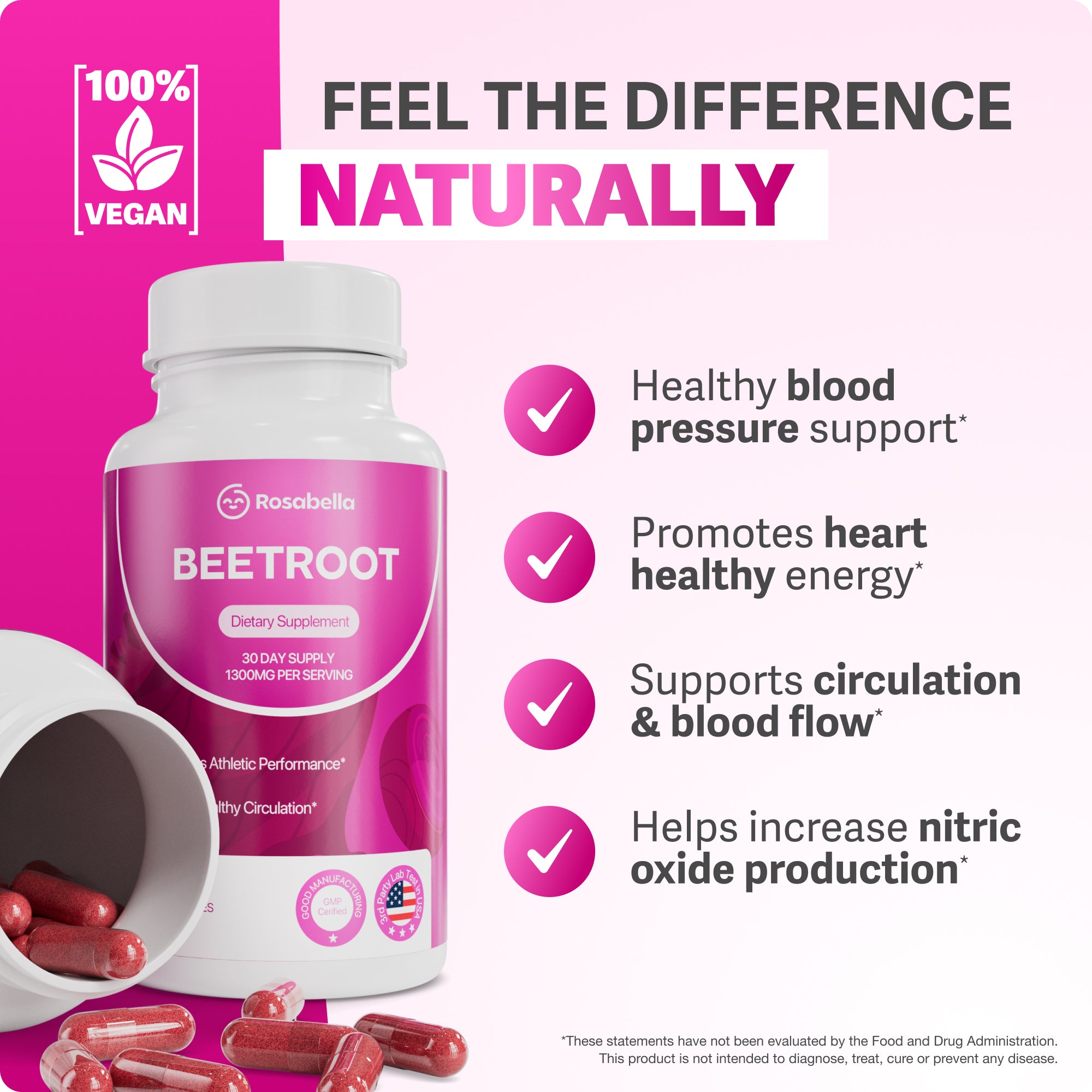 Rosabella Organic Beetroot Capsules (1300mg) for Blood Flow & Heart He