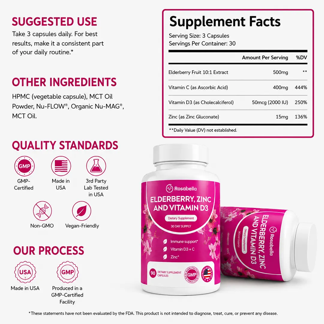 Rosabella Elderberry, Zinc & Vitamin D3 Capsules