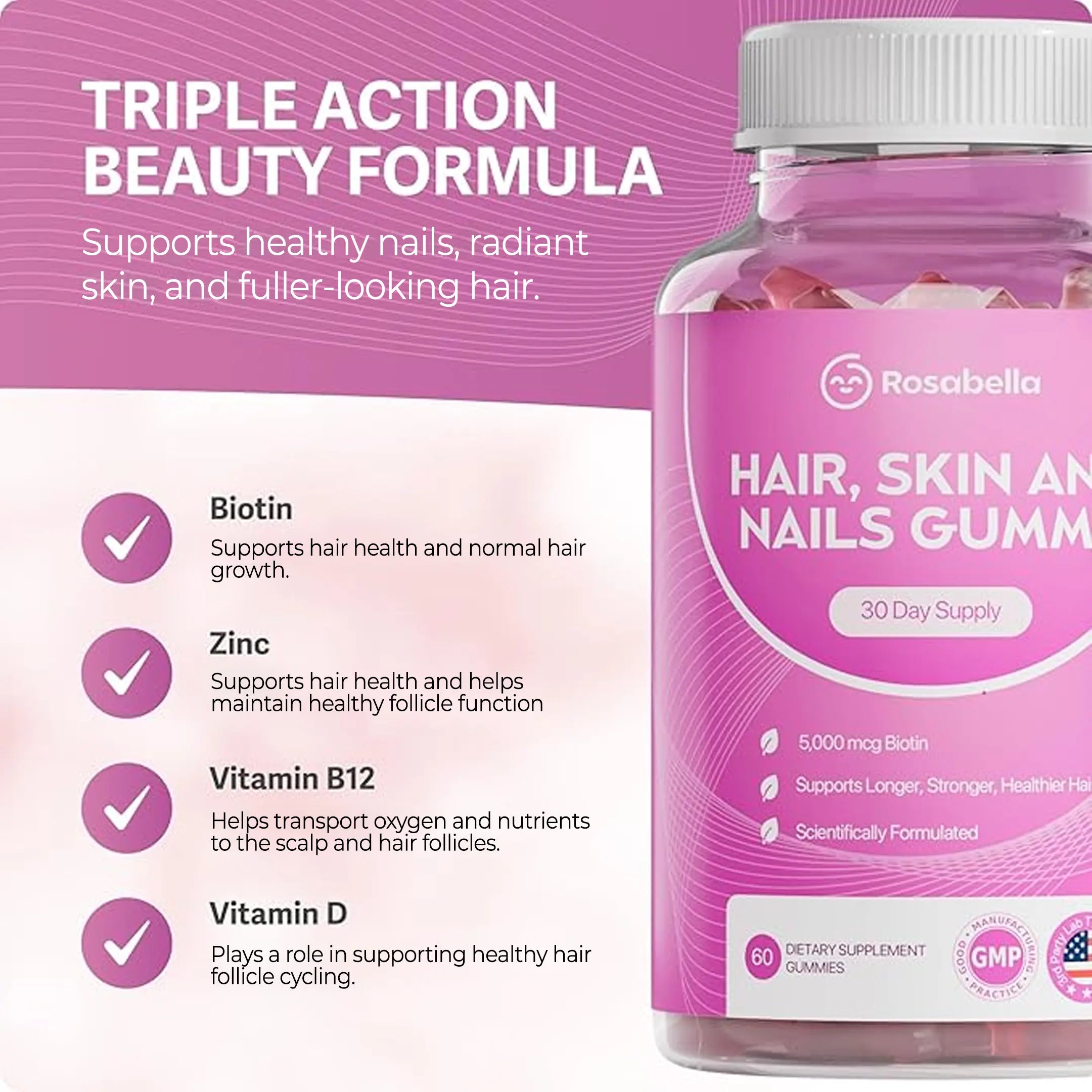 Rosabella Biotin Gummies (5000mg) for Hair, Skin & Nails Growth-