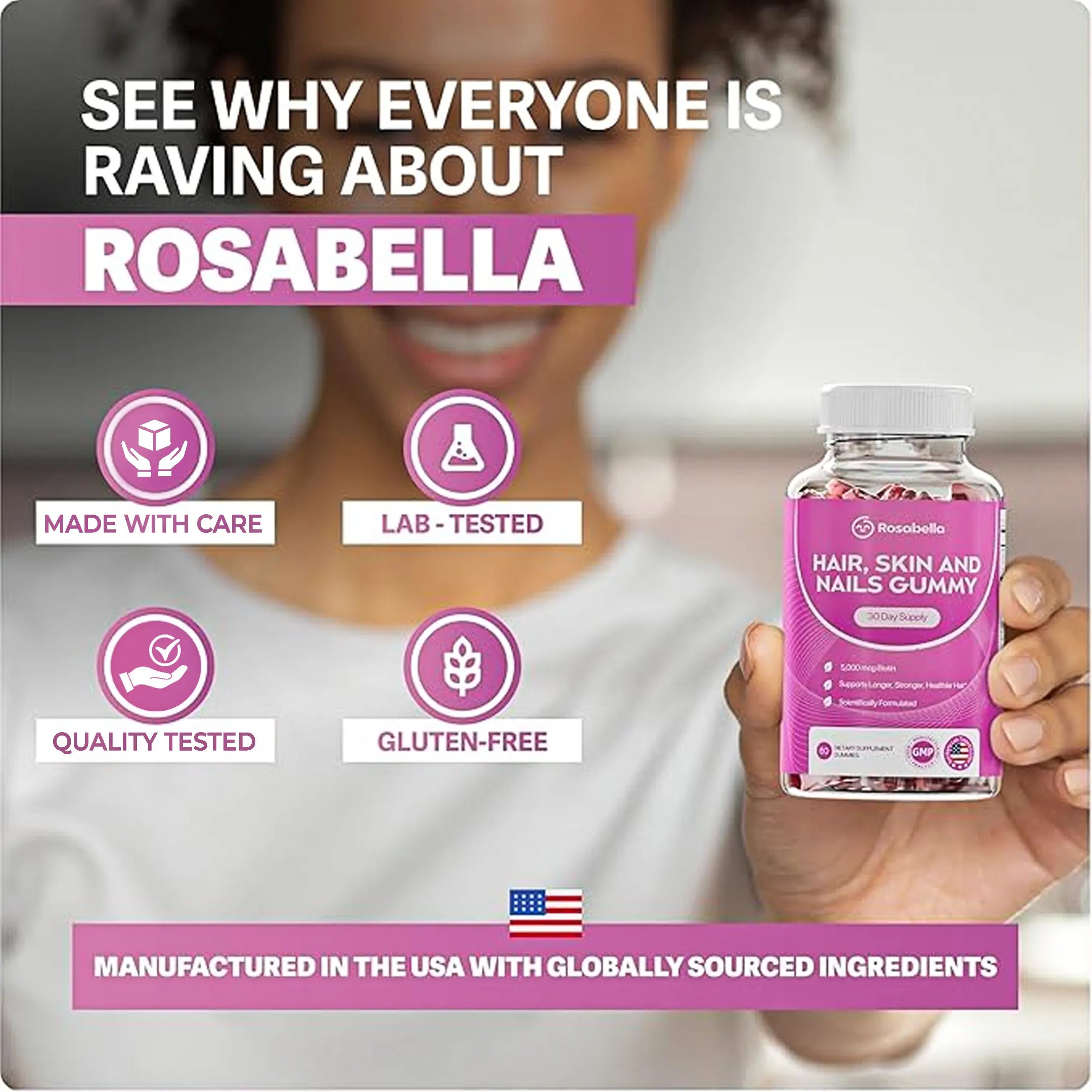 Rosabella Biotin Gummies (5000mg) for Hair, Skin & Nails Growth-