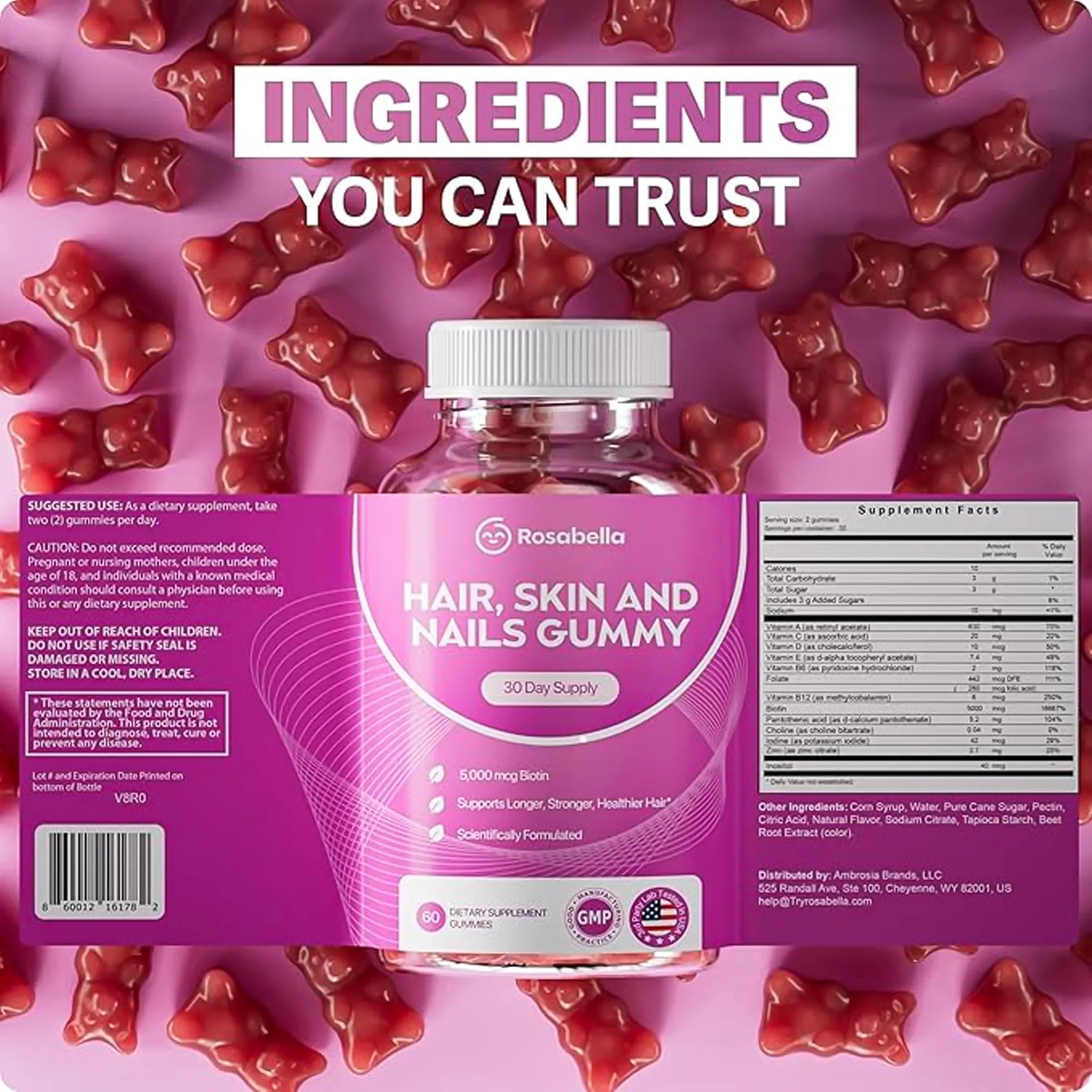 Rosabella Biotin Gummies (5000mg) for Hair, Skin & Nails Growth-