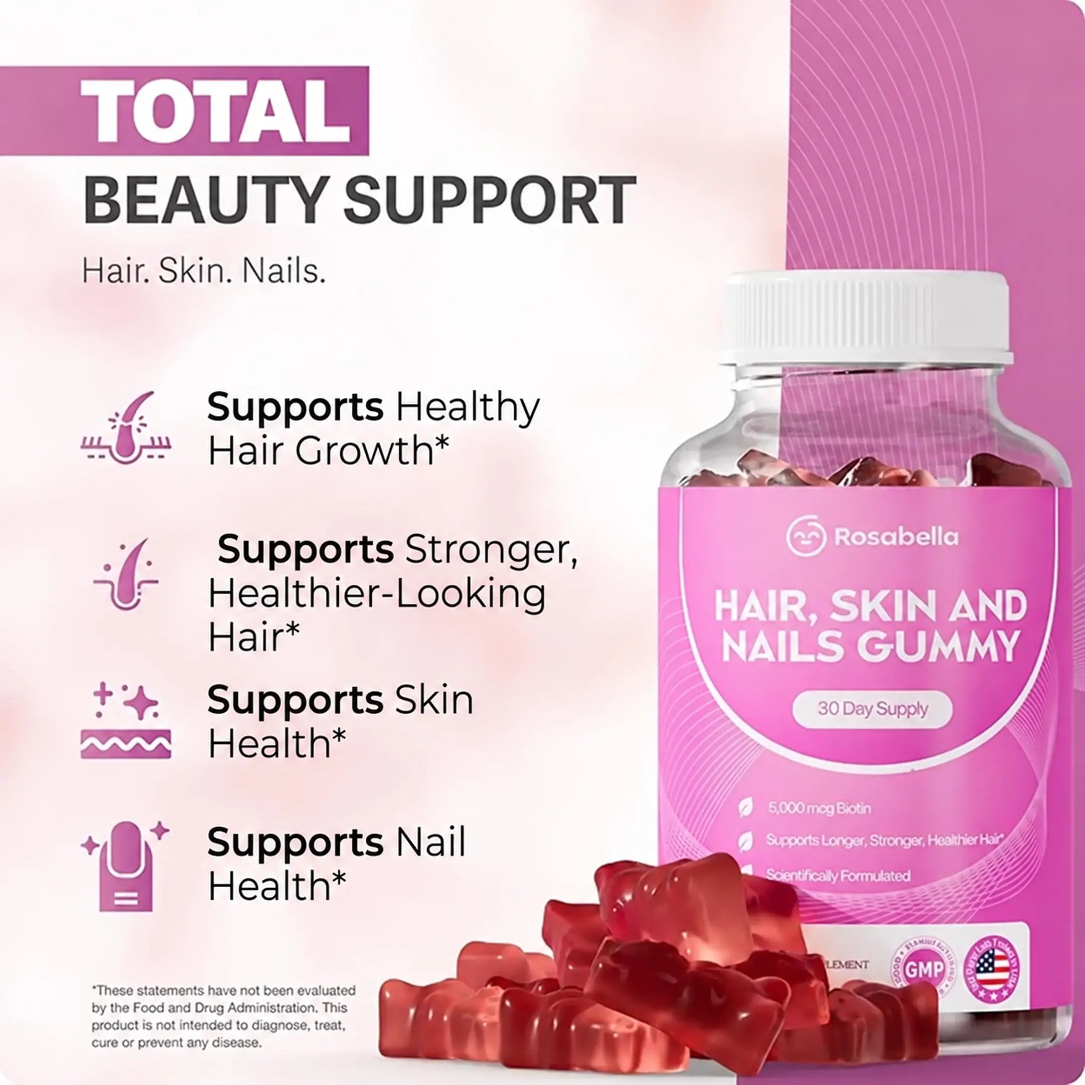 Rosabella Biotin Gummies (5000mg) for Hair, Skin & Nails Growth-